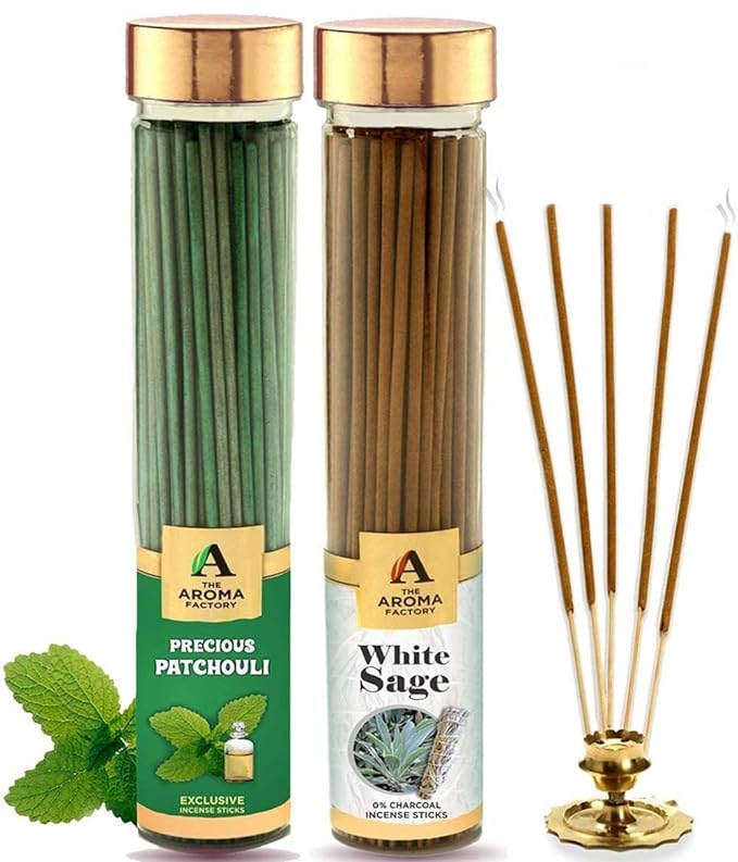 The Aroma Factory Agarbatti for Pooja, White Sage & Patchouli Incense Sticks, Charcoal Free & Low Smoke Agarbatti with Essential Oils & Natural Fragrance for Home, Offices (100g x 2 Bottle)