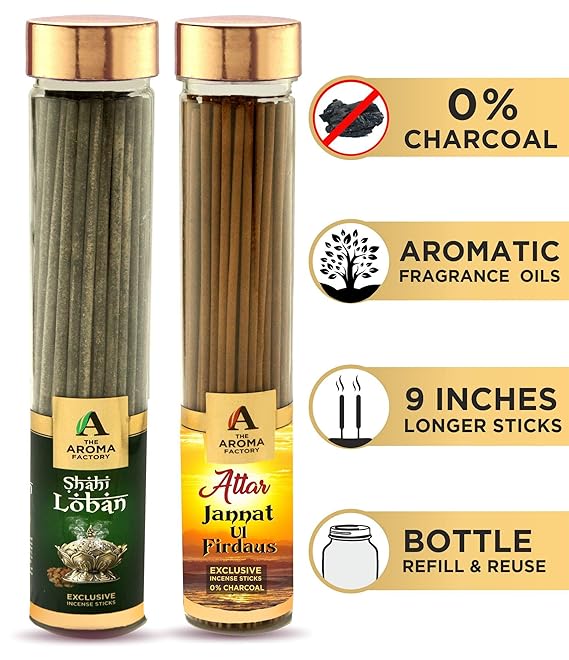 The Aroma Factory Agarbatti for Pooja, Attar Jannat Ul Firdaus & Loban Incense Sticks, Charcoal Free & Low Smoke Agarbatti with Essential Oils & Natural Fragrance for Home, Offices (100g x 2 Bottle)