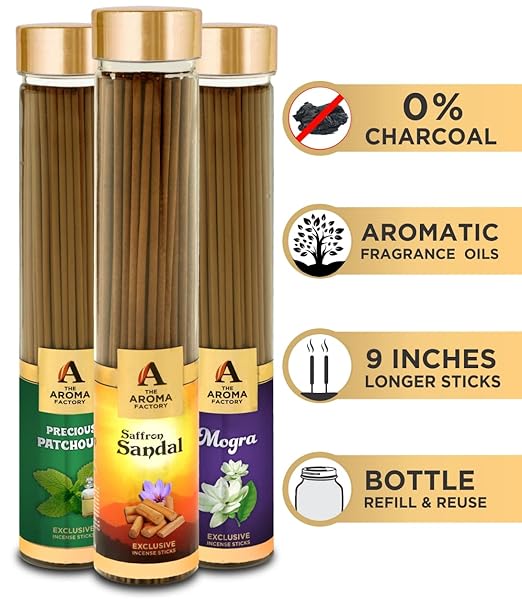 The Aroma Factory All in One Combo (Patchouli, Mogra and Kesar Chandan) Herbal Incense Sticks Agarbatti (Bottle Pack of 3 x 100)