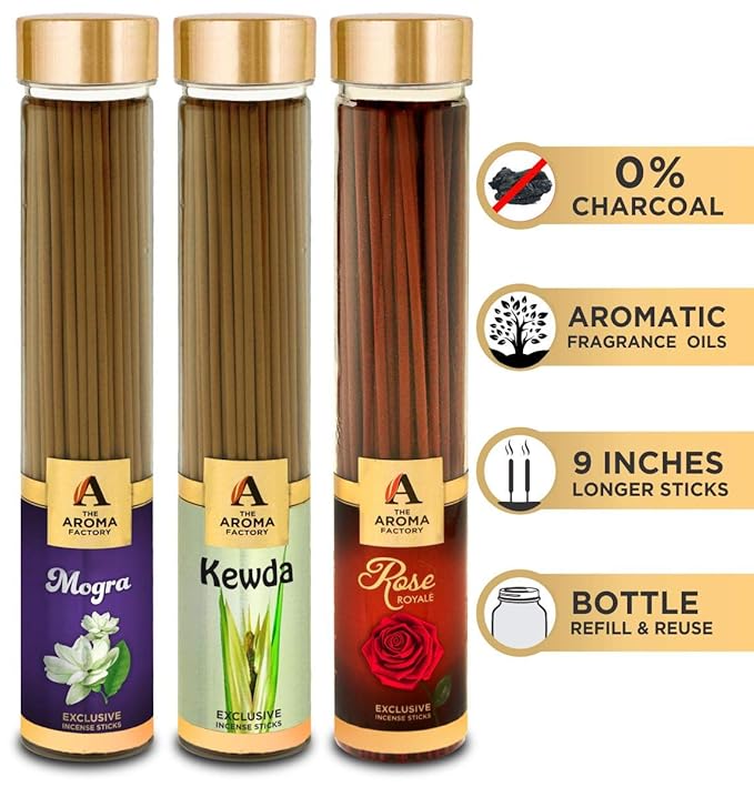 The Aroma Factory Air Freshener Agarbatti Combo - Rose, Mogra, Kweda Incense Sticks (Bottle Pack of 3 x 100)