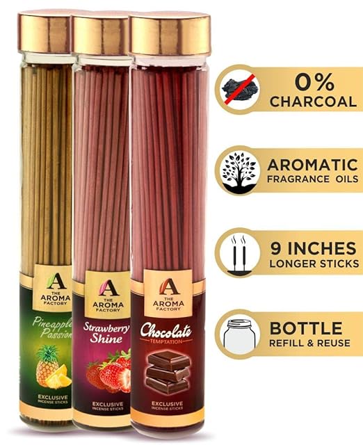 The Aroma Factory Exotic Fruit Combo of 3 Bottles - Pineapple Passion, Strawberry Shine & Chocolate Temptation (0% Charcoal) Incense Sticks Agarbatti (Pack of 3 x 100) Bottle Jars