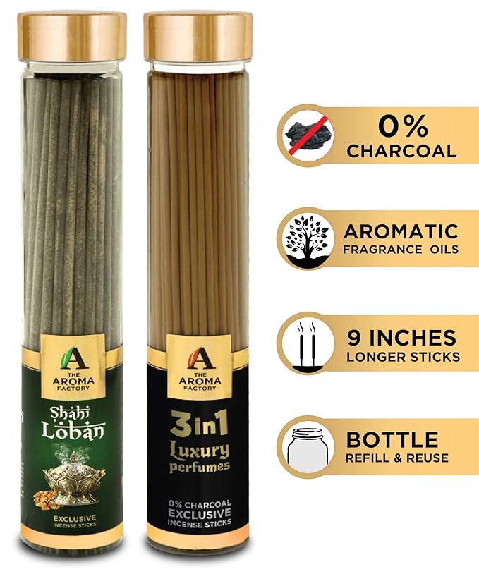 The Aroma Factory Loban & 3 in 1 Agarbatti Incense Sticks (Charcoal Free & Low Smoke) Bottle Pack of 2 x 100g