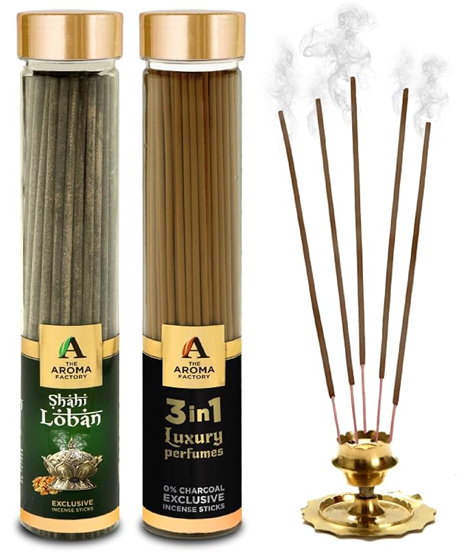 The Aroma Factory Loban & 3 in 1 Agarbatti Incense Sticks (Charcoal Free & Low Smoke) Bottle Pack of 2 x 100g