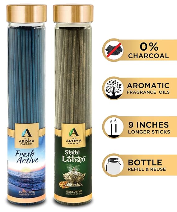 The Aroma Factory Loban & Fresh Active Agarbatti (Charcoal Free & Low Smoke) Bottle Pack of 2 x 100
