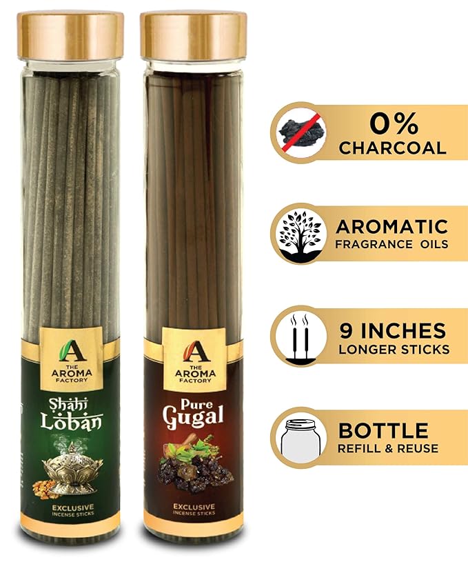 The Aroma Factory Agarbatti for Pooja, Loban & Pure Gugal Incense Sticks, Charcoal Free & Low Smoke Agarbatti with Essential Oils & Natural Fragrance, 100g X 2 Bottle