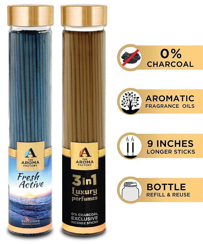 The Aroma Factory Fresh Active & 3 in 1 Agarbatti (Charcoal Free & Low Smoke) Bottle Pack of 2 x 100