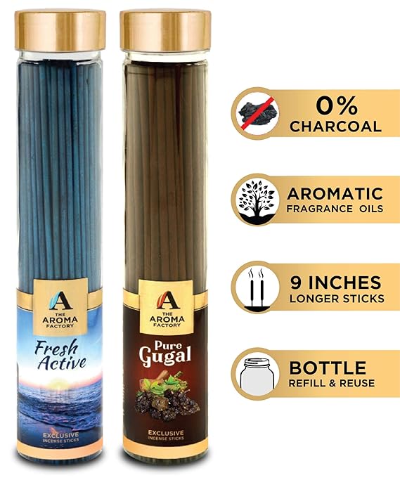 The Aroma Factory Pure Gugal & Fresh Active Agarbatti (Charcoal Free & Low Smoke) Bottle Pack of 2 x 100