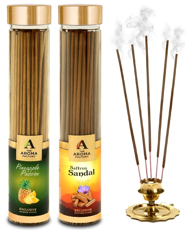 The Aroma Factory Pineapple & Kesar Chandan Saffron Sandal Agarbatti (Charcoal Free & Low Smoke) Bottle Pack of 2 x 100