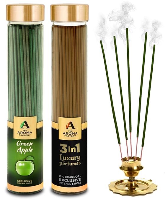 The Aroma Factory Green Apple & 3 in 1 Agarbatti (Charcoal Free & Low Smoke) Bottle Pack of 2 x 100