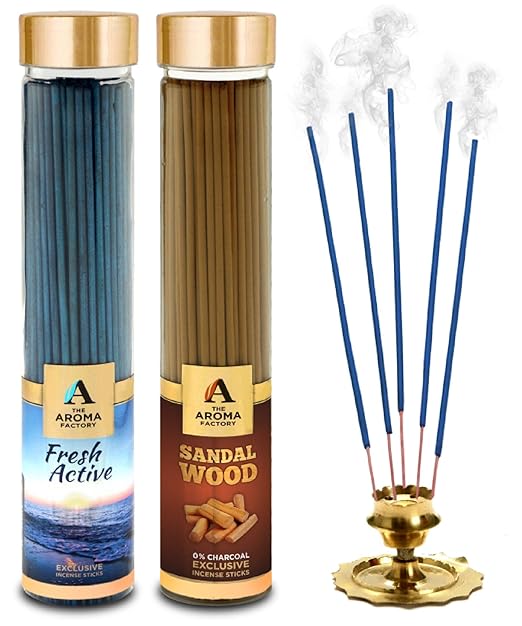 The Aroma Factory Fresh Active & Sandalwood Chandan Incense Sticks Agarbatti (Charcoal Free & Low Smoke) Bottle Pack of 2 x 100 Gram