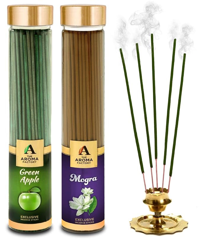 The Aroma Factory Green Apple & Mogra Incense Sticks Agarbatti (Charcoal Free) Bottle Pack of 2 x 100g