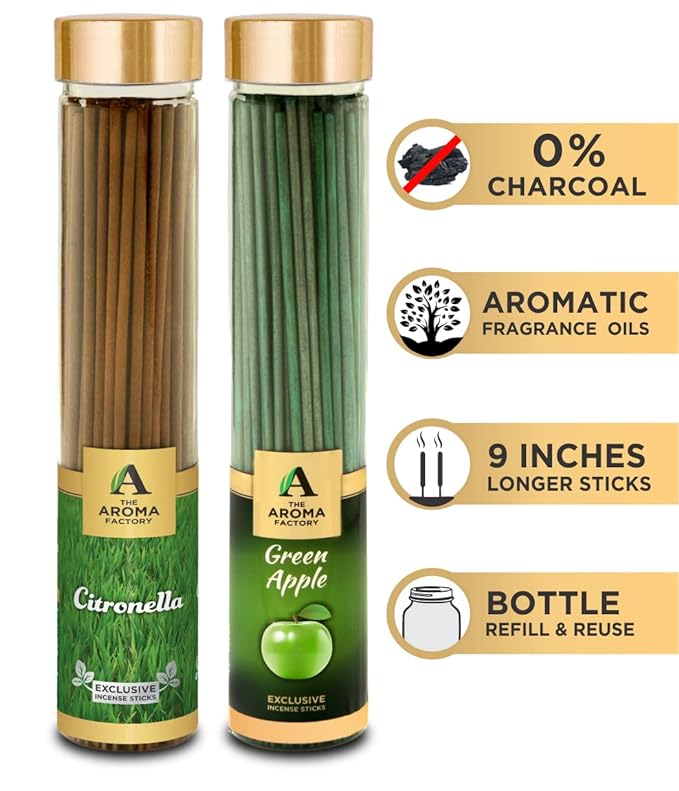 The Aroma Factory Citronella & Green Apple Agarbatti (Charcoal Free & Low Smoke) Bottle Pack of 2 x 100