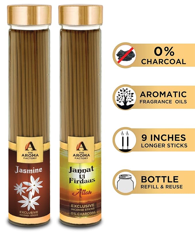 The Aroma Factory Jasmine & Attar Jannat Firdaus Agarbatti Incense Stick (Charcoal Free) Bottle Pack of 2 x 100g
