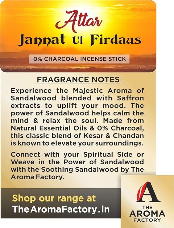 The Aroma Factory Agarbatti for Pooja, Attar Jannat Ul Firdaus & Loban Incense Sticks, Charcoal Free & Low Smoke Agarbatti with Essential Oils & Natural Fragrance for Home, Offices (100g x 2 Bottle)