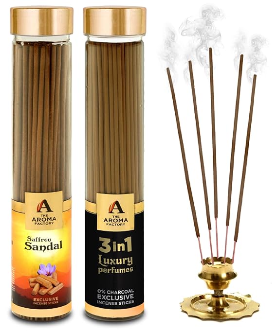 The Aroma Factory Kesar Chandan Saffron Sandal & 3 in 1 Agarbatti (Charcoal Free & Low Smoke) Bottle Pack of 2 x 100