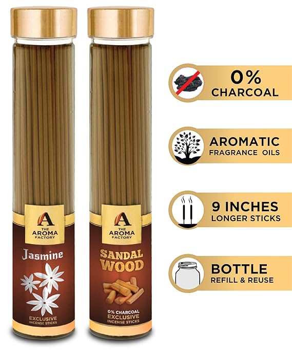 The Aroma Factory Jasmine & Sandalwood Chandan Agarbatti (Charcoal Free & Low Smoke) Bottle Pack of 2 x 100