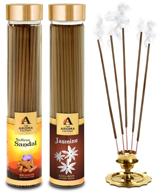 The Aroma Factory Kesar Chandan Saffron Sandal & Jasmine Agarbatti Incense Sticks (Charcoal Free) Bottle Pack of 2 x 100g