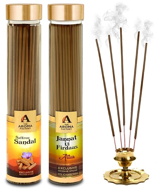 The Aroma Factory Kesar Chandan Saffron Sandal & Attar Jannat UlFirdaus Incense Sticks Agarbatti (Charcoal Free & Low Smoke) Bottle Pack of 2 x 100