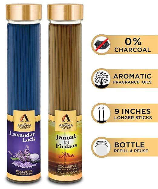 The Aroma Factory Lavender Luck & Attar Jannat UlFirdaus Agarbatti (Charcoal Free & Low Smoke) Bottle Pack of 2 x 100