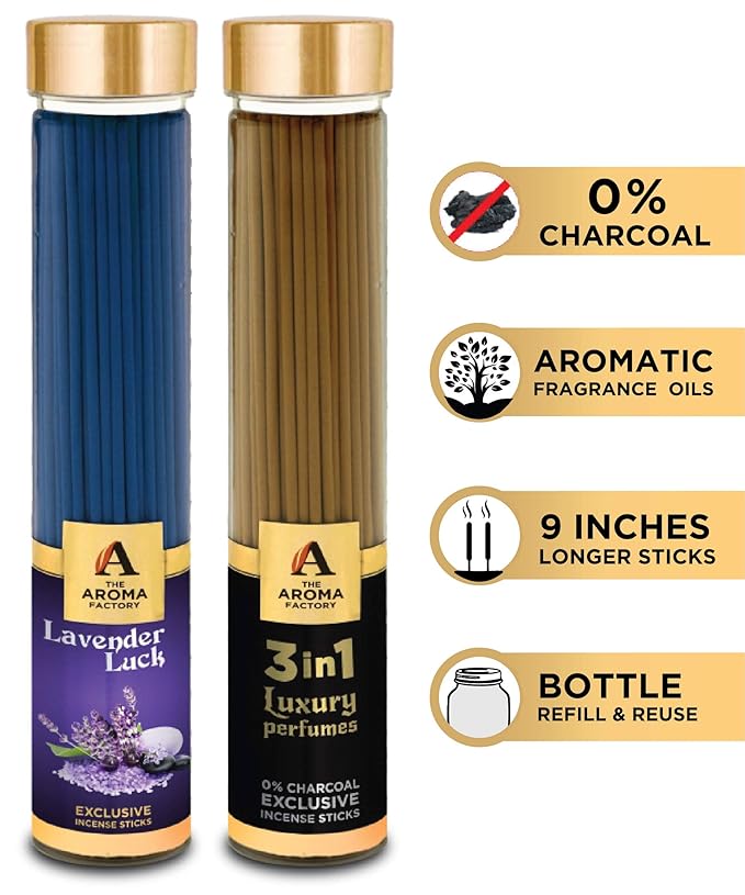 The Aroma Factory Lavender Luck & 3 in 1 Agarbatti (Charcoal Free & Low Smoke) Bottle Pack of 2 x 100