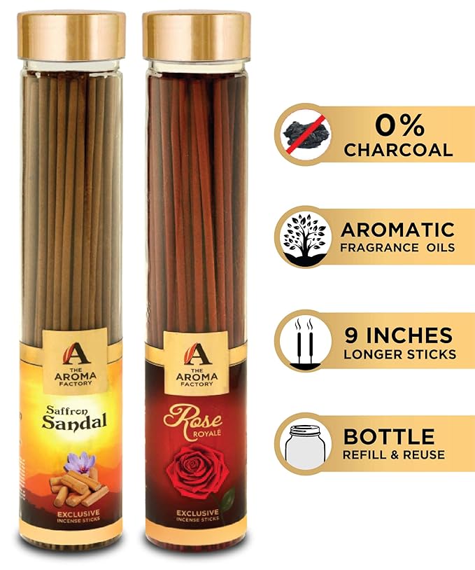 The Aroma Factory Kesar Chandan Saffron Sandal & Rose Agarbatti Incense Stick (Charcoal Free) Bottle Pack of 2 x 100g