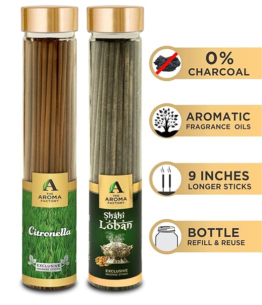 The Aroma Factory Citronella & Loban Agarbatti (Charcoal Free & Low Smoke) Bottle Pack of 2 x 100