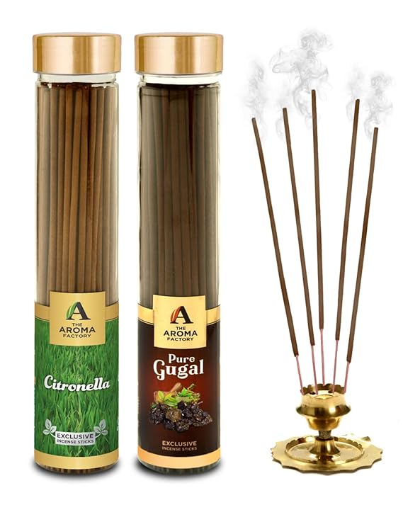 The Aroma Factory Citronella & Pure Gugal Agarbatti (Charcoal Free & Low Smoke) Bottle Pack of 2 x 100