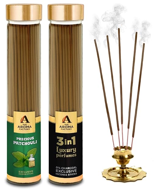The Aroma Factory Patchouli & 3 in 1 Agarbatti Incense Stick (Charcoal Free & Low Smoke) Bottle Pack of 2 x 100g