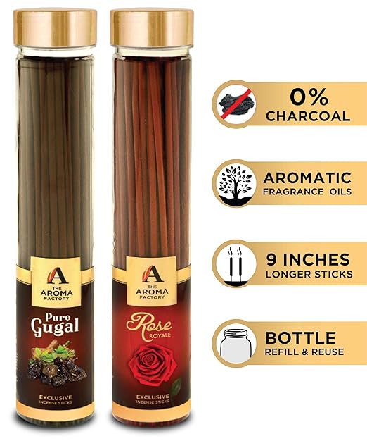 The Aroma Factory Pure Gugal & Rose Agarbatti Incense Sticks (Charcoal Free) Bottle Pack of 2 x 100g
