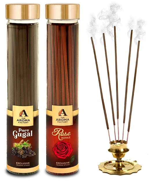 The Aroma Factory Pure Gugal & Rose Agarbatti Incense Sticks (Charcoal Free) Bottle Pack of 2 x 100g