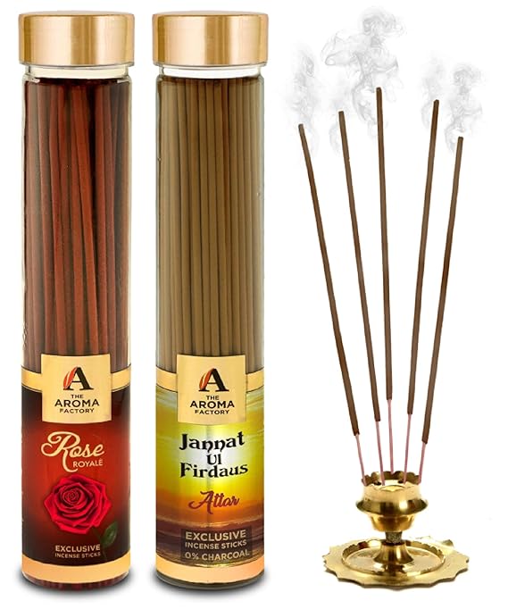 The Aroma Factory Rose & Attar Jannat UlFirdaus Agarbatti (Charcoal Free & Low Smoke) Bottle Pack of 2 x 100
