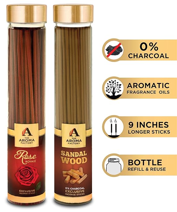 The Aroma Factory Rose & Sandalwood Chandan Agarbatti (Charcoal Free & Low Smoke) Bottle Pack of 2 x 100