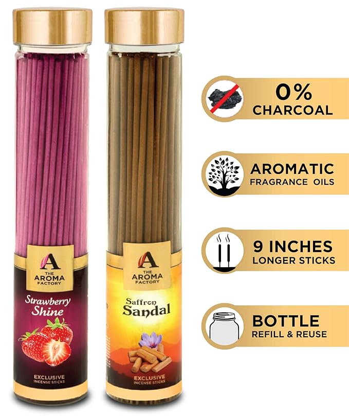 The Aroma Factory Strawberry & Kesar Chandan Saffron Sandal Agarbatti Incense Stick (Charcoal Free) Bottle Pack of 2 x 100g