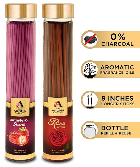 The Aroma Factory Strawberry & Rose Incense Stick Agarbatti (Zero Charcoal & 100% Herbal) Bottle Pack of 2 x 100