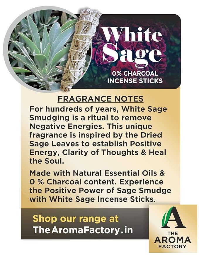 The Aroma Factory Agarbatti for Pooja, White Sage & Patchouli Incense Sticks, Charcoal Free & Low Smoke Agarbatti with Essential Oils & Natural Fragrance for Home, Offices (100g x 2 Bottle)