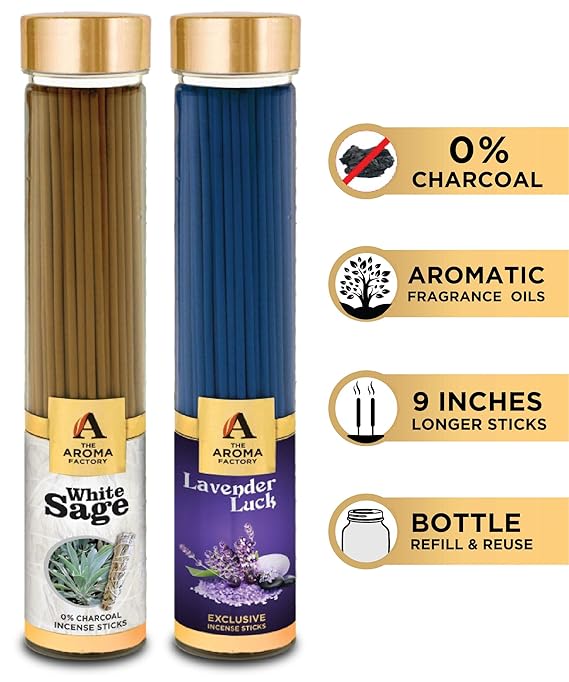 The Aroma Factory Agarbatti for Pooja, White Sage & Lavender Luck Incense Sticks, Charcoal Free & Low Smoke Agarbatti with Essential Oils & Natural Fragrance, 100g X 2 Bottle