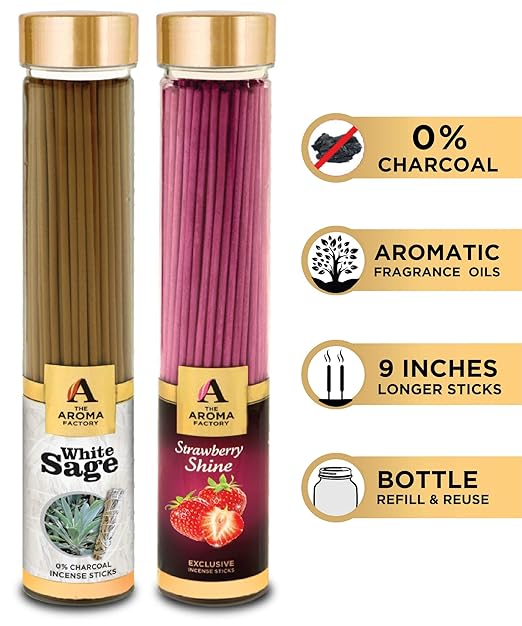 The Aroma Factory White Sage & Strawberry Agarbatti (Charcoal Free & 100% Herbal) Bottle Pack of 2 x 100