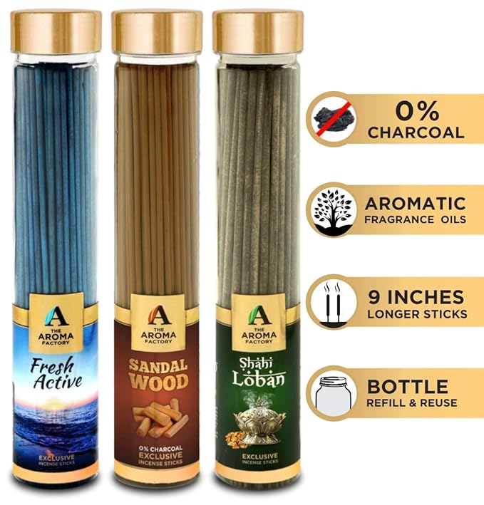 The Aroma Factory Fresh Active, Sandalwood Chandan & Loban Incense Stick Agarbatti (Zero Charcoal & 100% Herbal) Bottle Pack of 3 x 100