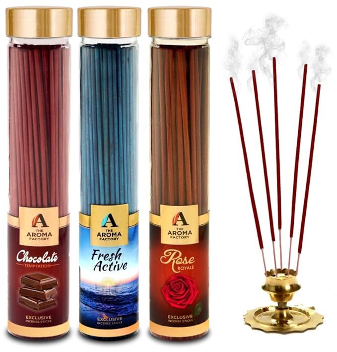 The Aroma Factory Chocolate, Fresh Active & Rose Incense Stick Agarbatti (Zero Charcoal & 100% Herbal) Bottle Pack of 3 x 100