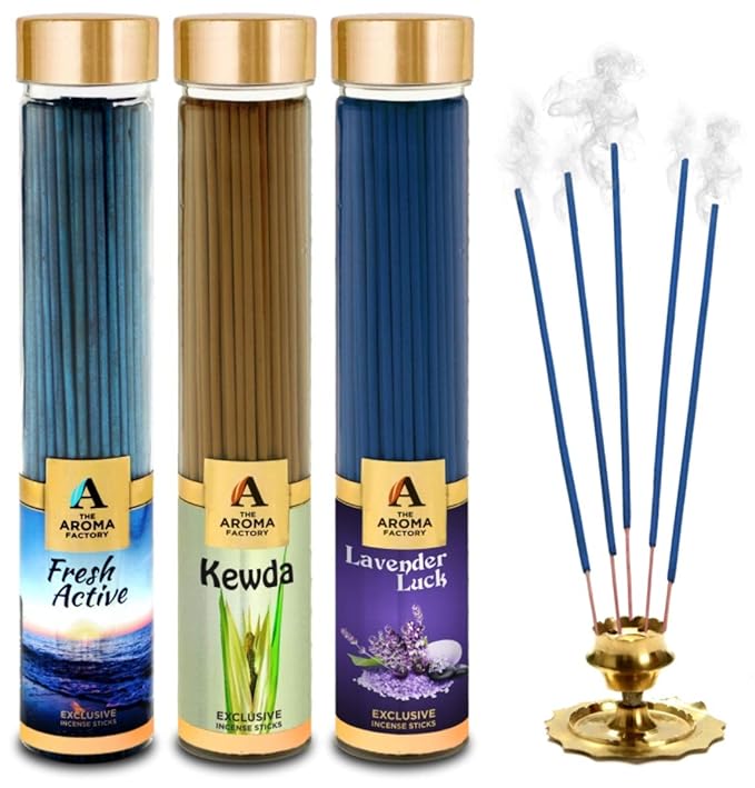The Aroma Factory Fresh Active, Lavender & Mogra Incense Stick Agarbatti (Zero Charcoal & 100% Herbal) Bottle Pack of 3 x 100