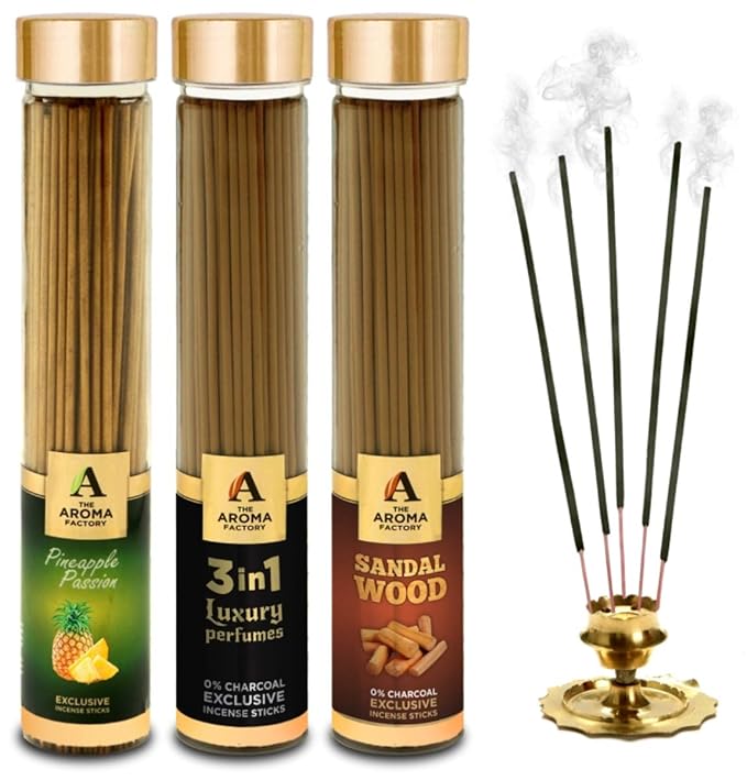 The Aroma Factory Pineapple, 3 in 1 & Sandalwood Chandan Incense Stick Agarbatti (Zero Charcoal & 100% Herbal) Bottle Pack of 3 x 100