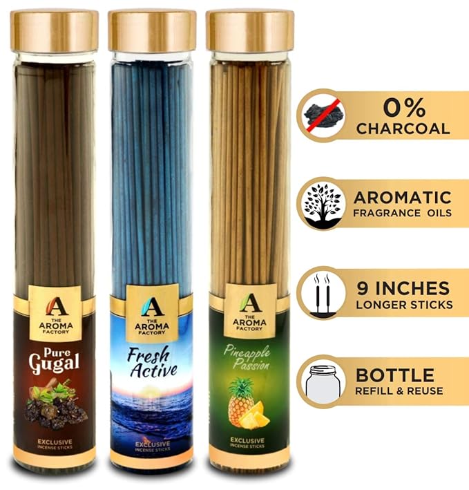 The Aroma Factory Gugal, Fresh Active & Pineapple Incense Stick Agarbatti (Zero Charcoal & 100% Herbal) Bottle Pack of 3 x 100