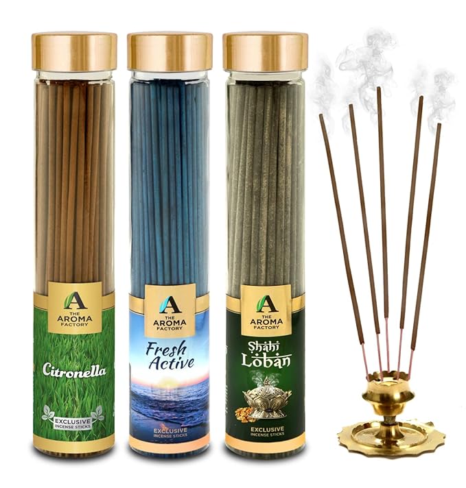 The Aroma Factory Fresh Active, Loban & Citronella Incense Stick Agarbatti (Zero Charcoal & 100% Herbal) Bottle Pack of 3 x 100