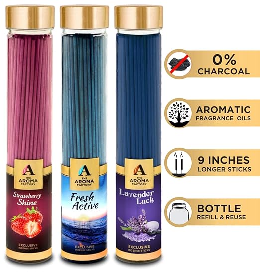 The Aroma Factory Strawberry, Fresh Active & Lavender Incense Stick Agarbatti (Zero Charcoal & 100% Herbal) Bottle Pack of 3 x 100