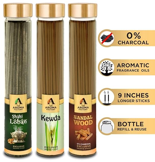 The Aroma Factory Loban, Kewda & Sandalwood Chandan Incense Stick Agarbatti (Zero Charcoal & 100% Herbal) Bottle Pack of 3 x 100