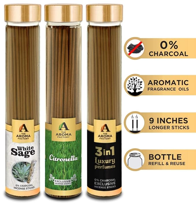 The Aroma Factory White Sage, Citronella & 3 in 1 Incense Stick Agarbatti (Zero Charcoal & 100% Herbal) Bottle Pack of 3 x 100