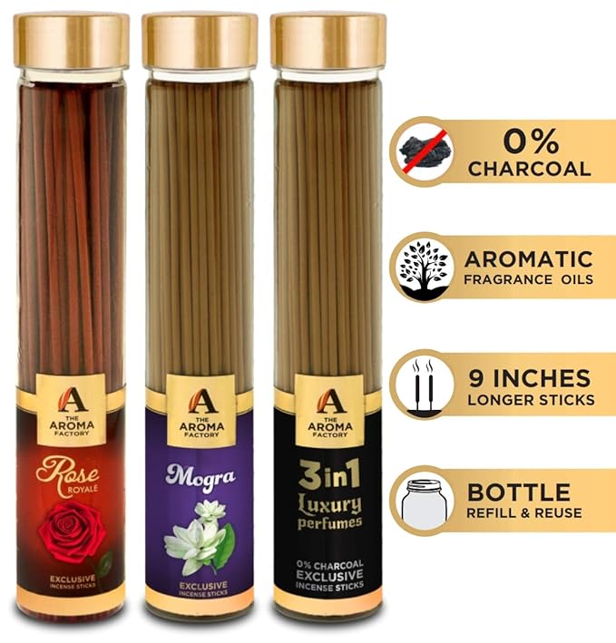 The Aroma Factory Rose Royal, 3 in 1 & Mogra Incense Stick Agarbatti (Zero Charcoal & 100% Herbal) Bottle Pack of 3 x 100