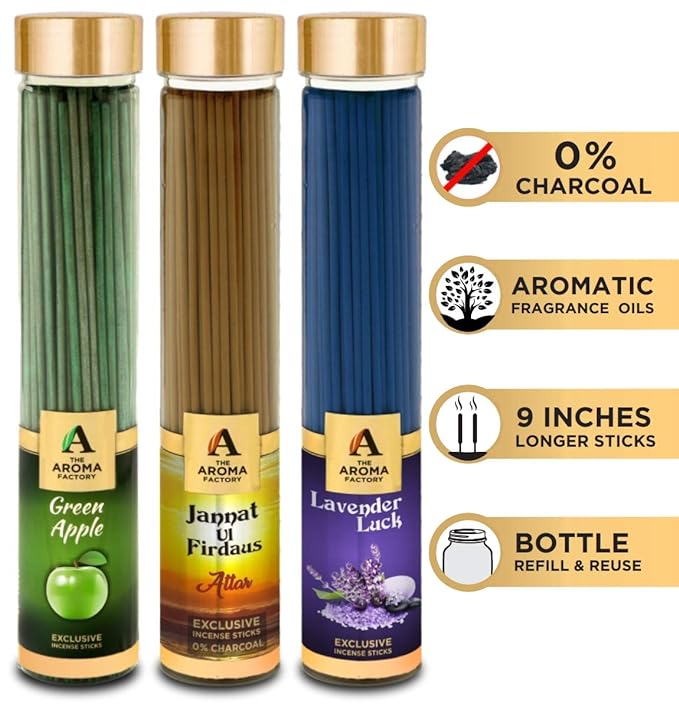The Aroma Factory Green Apple, Attar Jannat Ul Firdaus & Lavender Incense Stick Agarbatti (Zero Charcoal & 100% Herbal) Bottle Pack of 3 x 100