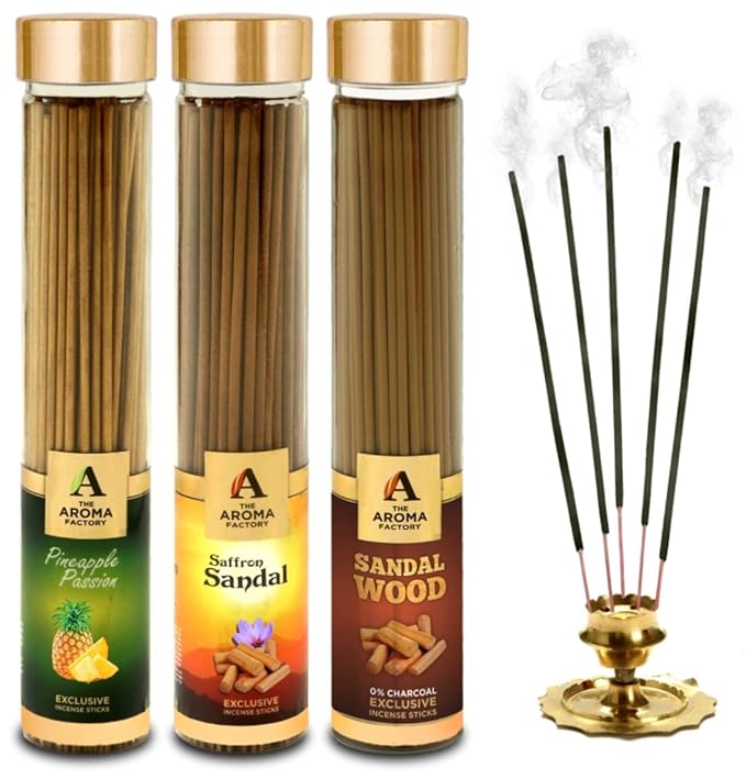The Aroma Factory Pineapple, Kesar Chandan Saffron Sandal & Sandalwood Chandan Incense Stick Agarbatti (Zero Charcoal & 100% Herbal) Bottle Pack of 3 x 100