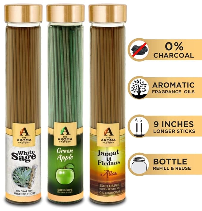 The Aroma Factory White Sage, Green Apple & Attar Jannat Ul Firdaus Incense Stick Agarbatti (Zero Charcoal & 100% Herbal) Bottle Pack of 3 x 100